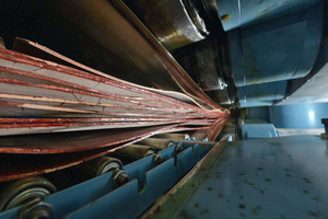  Buchenfurniere werden zusammengepresst und verklebt, um daraus Furnierschichtholz zu machen 