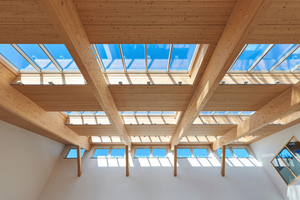  Insgesamt 64 einzelne Module des Oberlicht-Systems fügen sich zu vier etwa 20 m langen Lichtbändern. Die innenliegenden Sonnenschutz-Rollos sorgen für angenehme Raumtemperaturen im Sommer Foto: Velux  