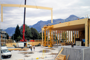  Die geringe Rahmenbreite von 14 cm erforderte den stehenden Zusammenbau der Rahmen auf einem Hilfsgerüst. Anschließend konnten sie mit dem Kran an die endgültige Stelle versetzt werden. Foto: Walt+Galmarini 