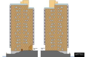  Zeichnung der Ost- und die Westfassade mit der vorgehängten Cortenstahl-Fassade Maßstab 1:200, Quelle: Artec 