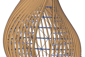  3D-CAD-Computermodell: Jede der 51 geschwungenen Stützen ist ein Unikat. Nach oben weiten sie sich in der Stützentiefe noch leicht auf und werden so in Form gefräst, dass sie einen rautenförmigen Querschnitt aufweisen  Zeichnung: Timber Concept GmbH  