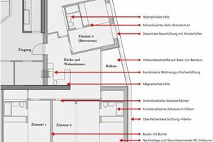  Vision Wood als Grundriss: in Zimmer 1 wohnt Patryk Spera, in Zimmer 2 David Norris. Das dritte Zimmer steht für Besucherführungen bereit  