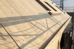  Auch das Dach ist komplett aus den Holzelementen gefertigt, darüber folgt eine Schalungsbahn, danach die geschuppte Eindeckung mit Faserzementplatten Foto: Kasper & Neininger 