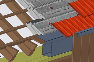  Prinzipdarstellung der Auflattendämmung im Bereich der Traufe: Gut erkennbar ist die industriell gefertigte Verfalzung. Niederschlagswasser wird sicher in die Dachrinne geführtSchematisch Darstellung: Thermodach 