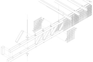  In den Gitterträger sind Druckdiagonalen aus Holz eingesetzt, die durch Stirnversätze hohe Kräfte übertragen können Grafik: Atelier U20en Mitarbeitern und Professoren der TU Kaiserslautern 