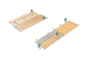  Nicht nur als Montagetisch für Wände, sondern auch zur Vorfertigung von Dachelementen ist der Woodtec-Elementbautisch geeignet: Dabei wird entweder die Dachseite auf einmal ausgelegt oder man stückelt das Dach in immer gleiche Elemente und setzt auf Serienproduktion 