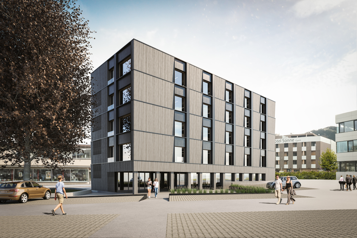 Fünfgeschossiges Bürogebäude aus Holz in Dornbirn - dach+holzbau