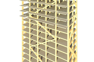  Aufbau des Gebäudes im 3D-Modell mit vertikalen Streben und Diagonalen  Foto: Moelven 