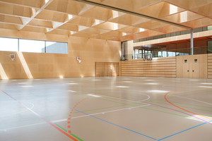  Insgesamt 56 Flachdachfenster belichten gemeinsam mit dem Lichtband in der Fassade das Spielfeld der neuen Sporthalle
 