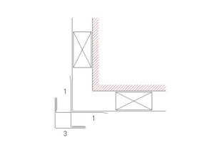  Detailzeichnung für eine Außenecke
1) Taschenprofil
3) Außenecke 