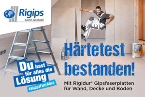  Mit einer aufmerksamkeitsstarken Kampagne informiert RIGIPS über die Vorteile seines Rigidur Gipsfasersortiments im Innenausbau. 