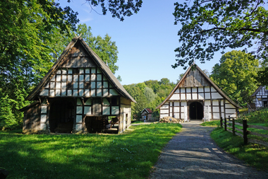  Zwei Fachwerkhäuser mit Reetdeckung des Osnabrücker Hofs im LWL-Freilichtmuseum<br /> 