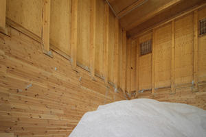  Brettsperrholzplatten mit 25° Gefälle nehmen die großen Horizontalkräfte in der Salzhalle auf. Sie sind über dreiecksförmige Querschotte mit der Außenwand gekoppelt 
