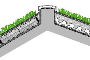  Passend zu den vorhandenen Dachneigungen setzte man die Systeme „Begrüntes Schrägdach“ (rechts) auf der flacher geneigten und „Begrüntes Steildach“ (links) auf der steiler geneigten Dachfläche ein
 