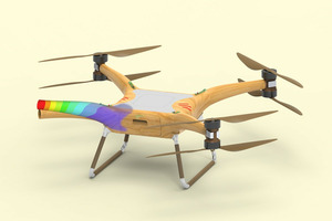  Designstudie des neu entwickelten Multicopters. Hergestellt wird er aus Lagenwerkstoffen aus 3D-Furnieren, naturfaserverstärkten Kunststoffen auf Duroplastbasis und thermoplastisch verarbeitbaren, naturfaserverstärkten Biokunststoffen 
