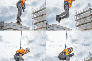  Das „Chair-in-the- Air“-System von Zarges soll vermeiden, dass nach einem Absturz in einem Sicherheitsgurt ein Hängetrauma entsteht. Das System ermöglicht es Anwendern nach einem Absturz, sich in kurzer Zeit in eine sichere Sitzposition bis zur Rettung zu begeben 