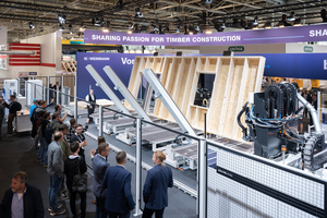  Die Firma Weinmann, die zur Homag-Group gehört, wird in Halle 14 der Messe ihre Maschinen und Anlagen für die Vorfertigung im Holzbau zeigen, unter anderem die Multifunktionsbrücke „Wallteq M-300“ sowie Montagetische für die Herstellung von Wand-, Giebel-, Dach- und Decken-Elementen  
