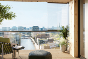  Große Fensterflächen in den Wohnungen und verschiebbare Glaselemente vor den Loggien ermöglichen den Ausblick auf die Hamburger Hafen-City. Die Glasfassaden sorgen außerdem dafür, dass die Holzaußenwände vor Feuchtigkeit und der UV-Strahlung geschützt sind 