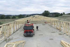  Nagelplattenbinder können auch im Wandbau eingesetzt werden, wenn die spätere Nutzung der Halle es zulässt, hier beim Bau eines Hühnerstalls  