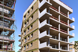  Die Gebäude bestehen aus einer tragenden Struktur in Stahlbeton-Skelettbauweise und Fassadenelementen in Holzrahmenbauweise 