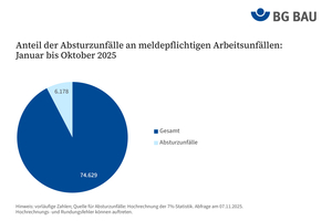  Für die ersten zehn Monate des Jahres, also von Januar bis Oktober 2025, wurden der BG BAU nach vorläufigen Zahlen 6178 Absturzunfälle gemeldet, 26 davon endeten tödlich  