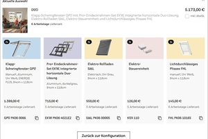  Nach der Produktauswahl weist der interaktive Velux- Katalog den Preis, die aktuelle Lieferzeit und Artikelnummern aus 