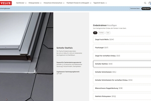  Beim Auswahlprozess erleichtern die angezeigten Informationen im digitalen Velux-Produktkatalog die Produktwahl, hier bei der Auswahl des Eindeckrahmens 