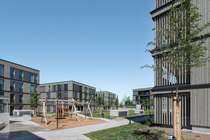  Die Fassaden der Wohnhäuser im Quartier „Naturella“ zeichnen sich durch ihre dunkle Holzverschalung aus. Zwischen den Häusern wurden ­Grün-, Gemeinschafts- und Spielflächen angelegt  