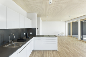  Alle Wohnungen sind bereits mit einer kompletten Küche ausgestattet, auch hier sorgen die geriffelten Holzdecken für eine natürliche, helle Atmosphäre 