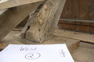  Die Fachwerkkonstruktion wurde vor der Sanierung von einem Sachverständigenbüro auf Schäden begutachtet. Ergänzend wurden zerstörungsarme Untersuchungen an Knotenpunkten und verdeckten Bauteilen durchgeführt 