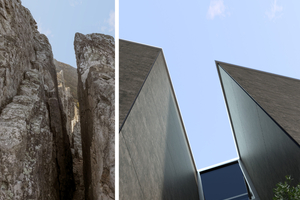  Die neue Dekoroberfläche „Lava Stone” aus der „Meteon Naturals-Kollektion” von Trespa (rechts)&nbsp;soll den Kontrast aus tektonisch bedingter Gesteinsschmelze und der Abkühlung des Magmas widerspiegeln  
