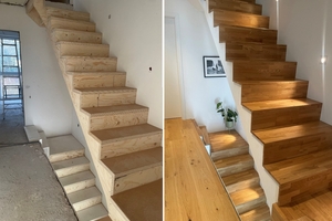  Treppe aus Furnierschichtholz in der Bauphase und nach Fertigstellung 