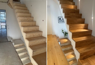 Treppe aus Furnierschichtholz in der Bauphase und nach Fertigstellung