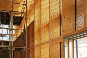  Holzbau im Halleninneren: Feine Merantiholz-Lamellen schützten vor Blicken von außen
 
