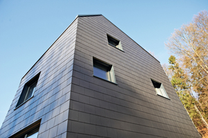  Die Doppeldeckung der Fassade, aber auch Details wie der fehlende Dachüberstand oder die integrierte Dachentwässerung sorgen für die klar strukturierte Gebäudekubatur 