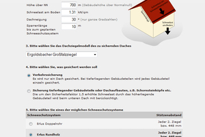  Bei der Schneeschutzsystem-Berechnung von Erlus werden der Standort, die Dachneigung und die Höhemeter angegeben. Das Ergebnis kann dann als pdf-Dokument abgespeichert werden 
