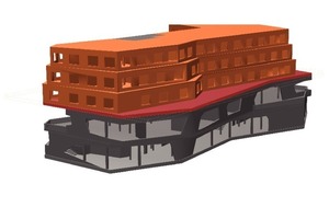  Schematische Darstellung des Wälderhauses mit seinen fünf Stockwerken und dem unsymmetrischen Grundriss
 