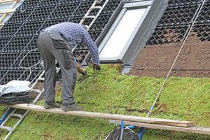  
Auf der Außenseite verlegen die Handwerker im Anschlussbereich der Fenster die Vegetationsmatten 