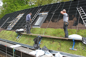  Das Bild zeigt das Grünsteildach mit den speziellen „Dachsteinen“. Das Wohndachfenster ist schon eingebaut, die Grasmatten werden ausgelegt 