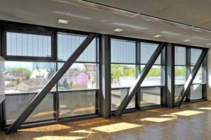  Seminarraum am Fraunhofer ISE-Institut mit bauwerksintegrierter Photovoltaik (BIPV) – teiltransparente PV-Module mit winkel-selektiver Transmission (PV Shade) 