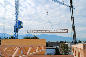  Montage der Halle vor dem Bergpanorama der österreichischen Alpen 