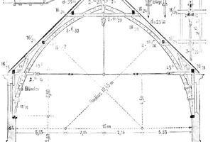  Beispiel für die Planung eines frühen Bohlenbinderdaches  Quelle: Stade, F., Holzkonstruktionen: Verlag von Moritz Schäfer, Reprint-Verlag Leipzig.  