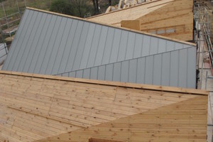  Die unterschiedlich geformten Dächer wurden in Holzrahmenbauweise ausgeführt und setzen sich pro Haus aus mehreren Holzrahmen zusammen. Die Verlegung des Titanzinks erfolgte auf einer vollflächigen Holzschalung 