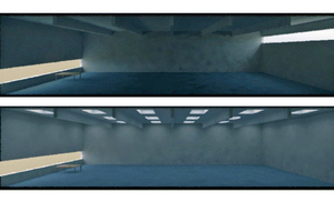  Eindrücklicher Vergleich: Hallendach mit seitlichen Fenstern (oben) und mit Dachoberlichtern in Form von Lichtkuppeln (unten) für eine gleichmäßige TageslichtversorgungFoto: BGI/ GUV-I 7007 