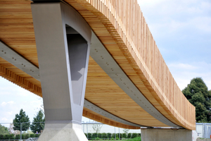  In der Brückenmitte werden die Stahlbänder über einen Umlenksattel geführt. Er liegt auf einem etwa 2,40 m hohen V-förmigen Mittelpfeiler, der in den Betonsockel elastisch eingespannt istFoto: Annabau 