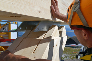  Zimmermannsmäßige Verbindungen wurden mit Bauteilen aus dem Holzingenieurbau ergänzt, hier zum Beispiel mit Doppelschlitzblechen und Stabdübelverbindungen Foto: Blumer-Lehmann 