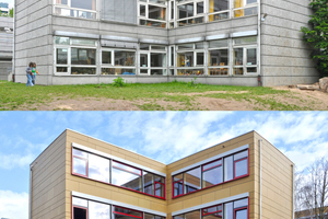 Die Waldorfschule Märkisches Viertel vor und nach dem Umbau mit Fassadenelementen von der Firma Ambros Foto: Waldorfschule Märkisches Viertel 