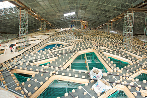  Die Unterkonstruktion des schalenförmigen Daches besteht aus gebogenen Holzbalken und Duripanelplatten Foto: Sika 